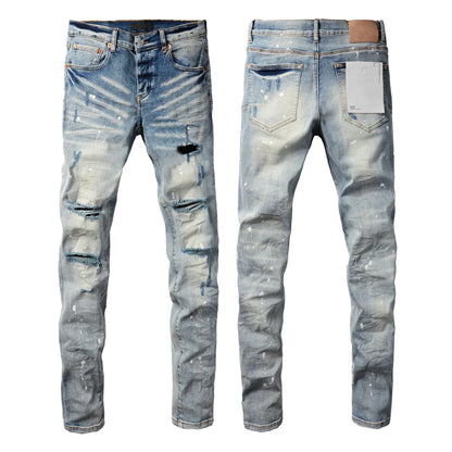 Men's Luxury Distressed Black Streetwear High Stretch Skinny Button Fly Ripped Jean Pants