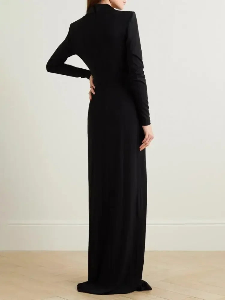 Women's Solid Black Skinny Evening Dress Deep V-Neck Party Dress Autumn 2025