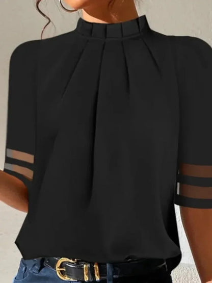 Black T-shirts Women Fashion Mesh Patchwork Half Sleeves Split-Joint Stand Collar Zipper Casual Pleated Tops Tees