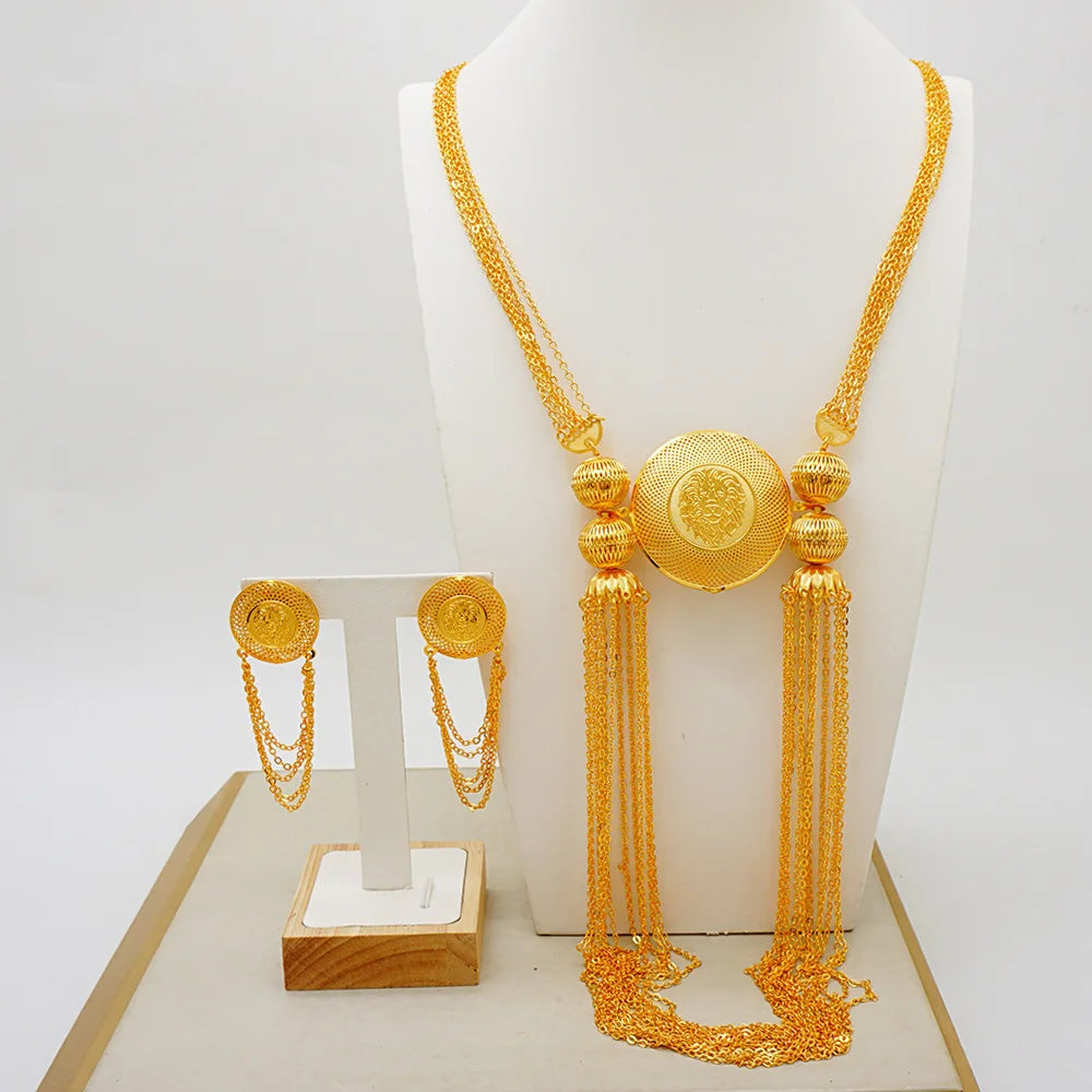 Necklace & Earrings (Tassel Style) for Women, 24K Gold, AU999 Gold-inlaid vine with twisted-leaf tassels, embodying forest grace