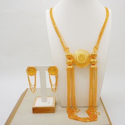 Necklace & Earrings (Tassel Style) for Women, 24K Gold, AU999 Gold-inlaid vine with twisted-leaf tassels, embodying forest grace
