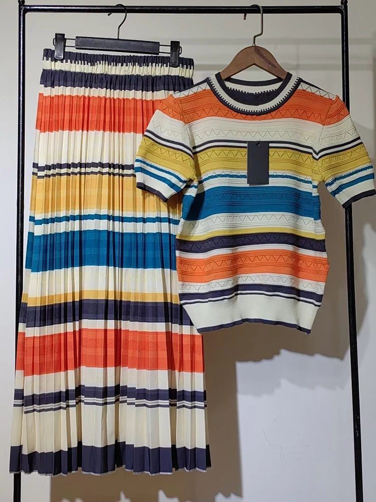 Retro 2025 Women’s Spring/Summer Striped Knit Top & Skirt Set | Vintage Style Outfit