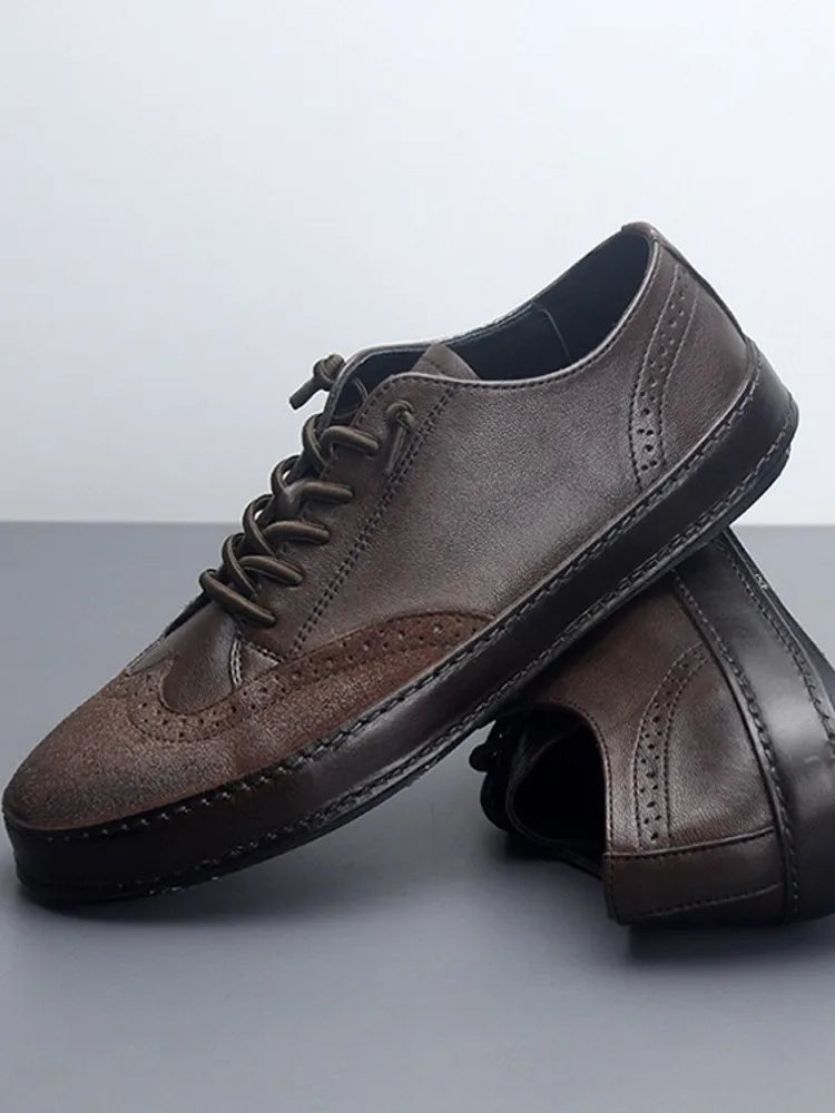 Handmade Vintage Wing Tip Brogues Men Platform Slip On Loafers Cowhide Genuine Leather