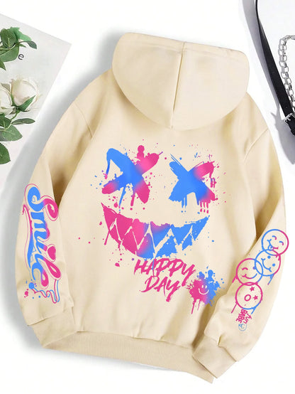 Happy Day Graffiti Print Women Hoodie Oversize Street Hip-Hop Hoody Fashion