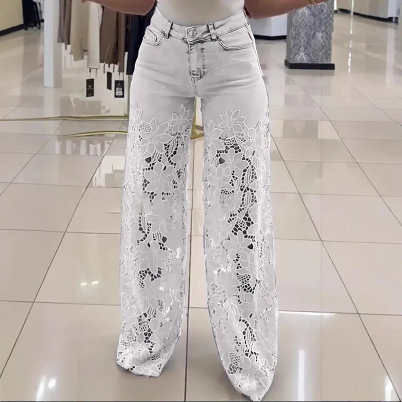 Plus Size Lace Spliced Elegant Denim Jeans New 2025