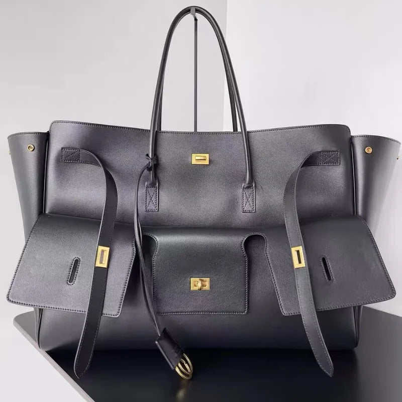 Luxury Leather Wing Tote Bag for Women – Large Lock Clutch Shoulder Bag