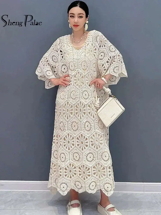 Women's Dress Hooked Flower Hollow Elegant Fashion Loose Beautiful Long Dresses 2025
