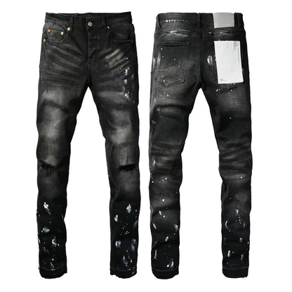 Men's Luxury Distressed Black Streetwear High Stretch Skinny Button Fly Ripped Jean Pants