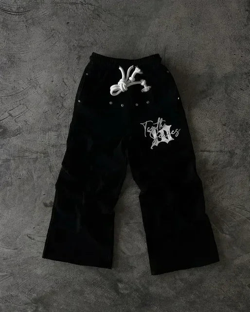 American Letter Patch Retro Double Layer Design Y2K Baggy Sweatpants