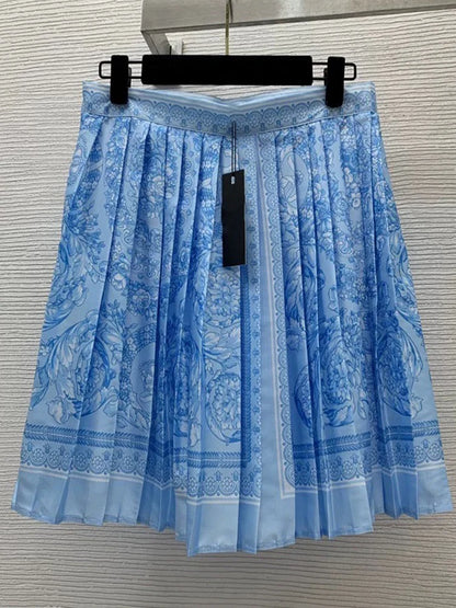 Luxury geometric printing long-sleeved shirt spring and summer new two-piece suit+high waist pleated skirt fashion women's suit