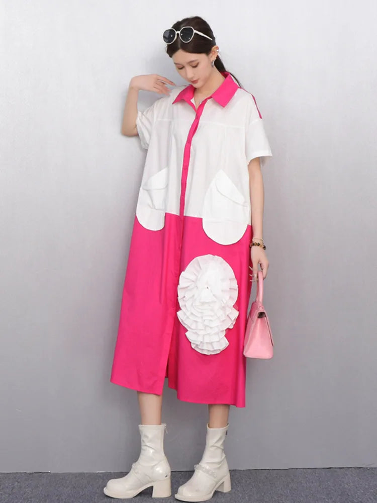 2025 Summer New Turn-down Collar Short Sleeve Single Breasted Dress Women