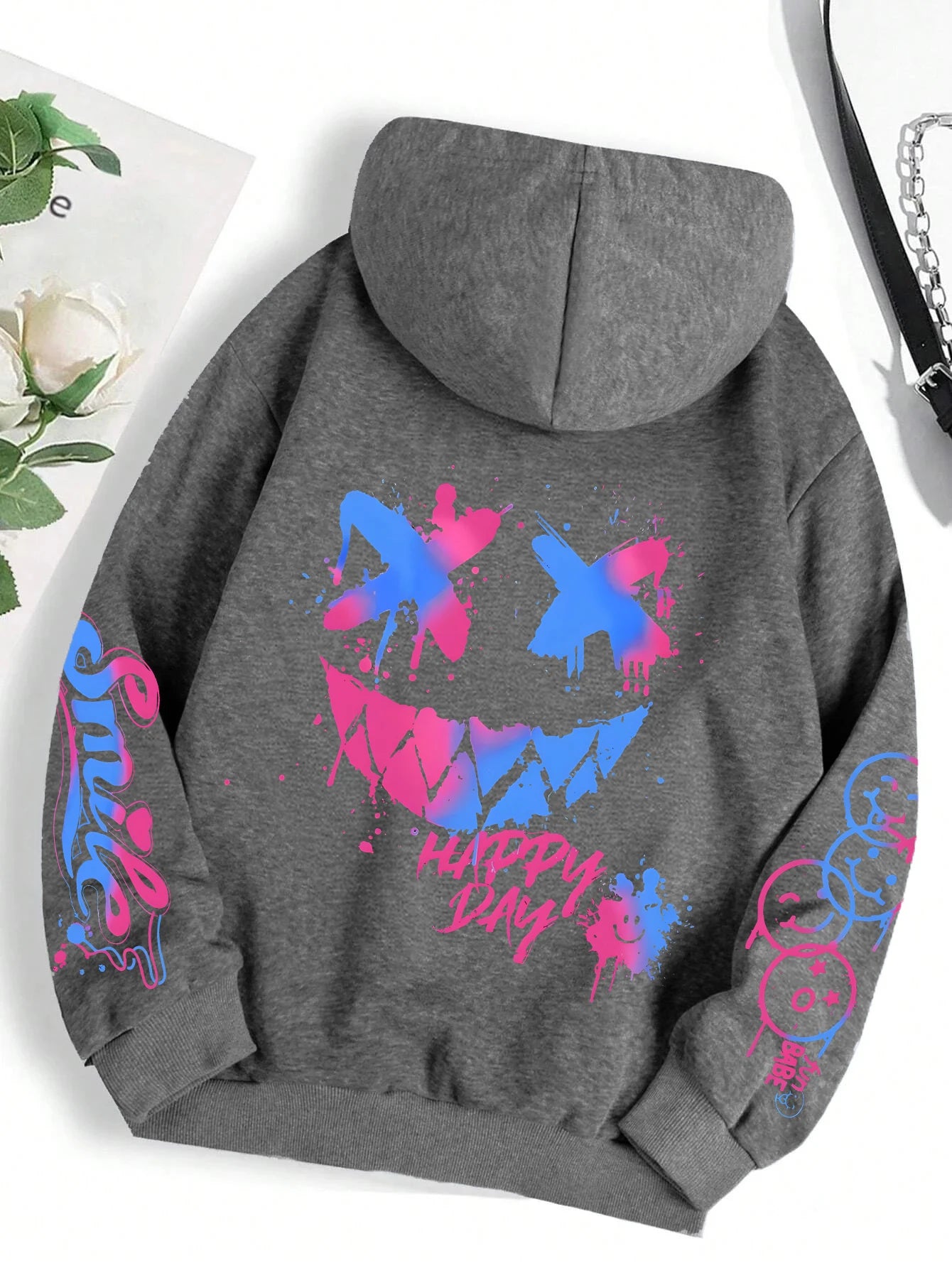 Happy Day Graffiti Print Women Hoodie Oversize Street Hip-Hop Hoody Fashion