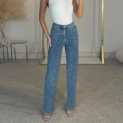 Trendy Shiny Denim Jeans Pant With Rhinestones For Women Diamond-Patterned Trousers
