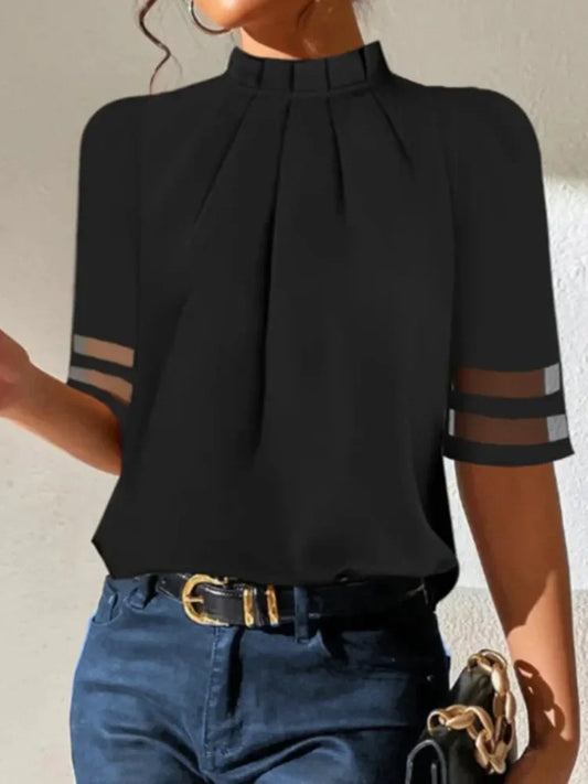 Black T-shirts Women Fashion Mesh Patchwork Half Sleeves Split-Joint Stand Collar Zipper Casual Pleated Tops Tees