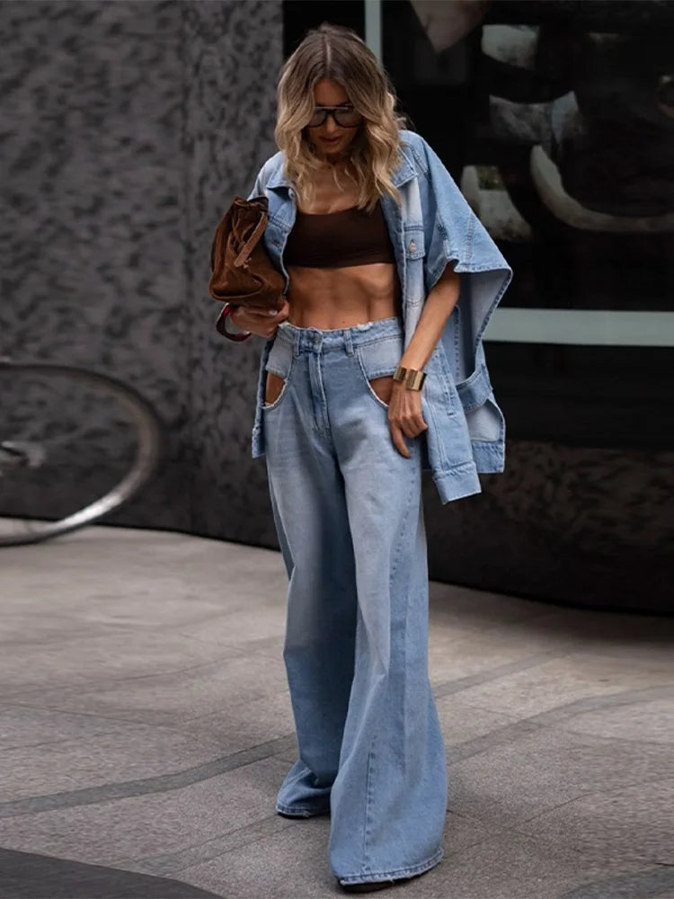 Women's Oversized Denim Two Piece Set Trendy Loose Fit Jacket Matching Wide Leg Jeans Chic Outfits