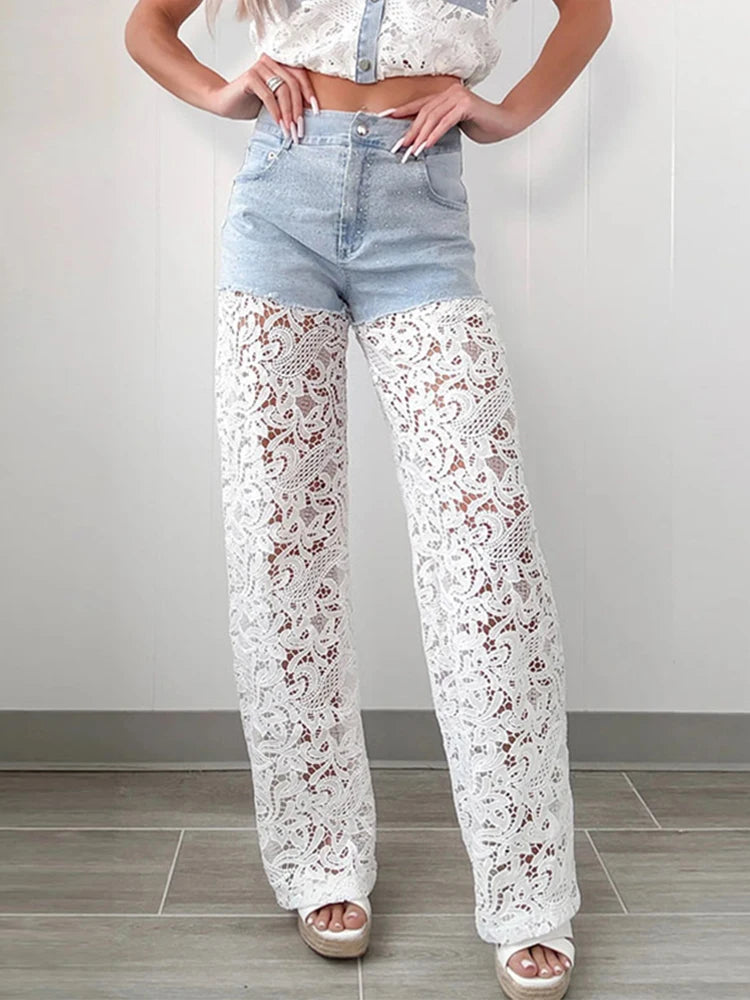Chic Women's Denim Sparkling Lace Pants Set