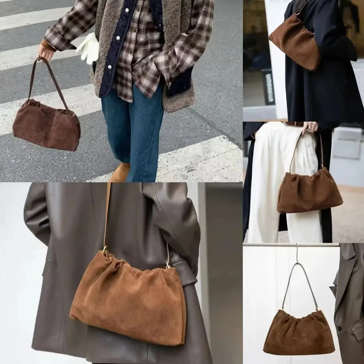 Elegant Khaki Coffee Matte Suede Shoulder Bag