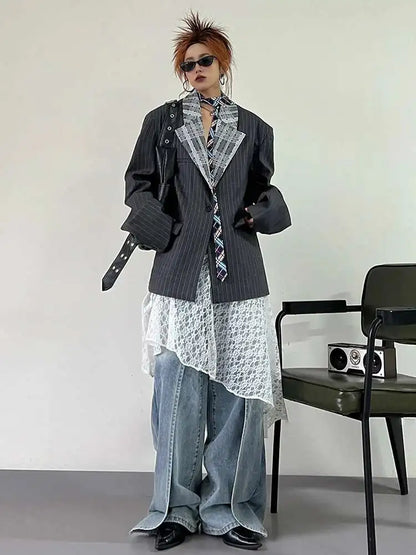 Elegant Long Sleeve Lace Blazer Jacket Big Size Spring Autumn 2025
