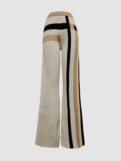 2 Piece Sets Women Outfit Pant Sets 2025 New Round-Neck Pullovers Khaki Sweater Striped  Tops & Bottoms