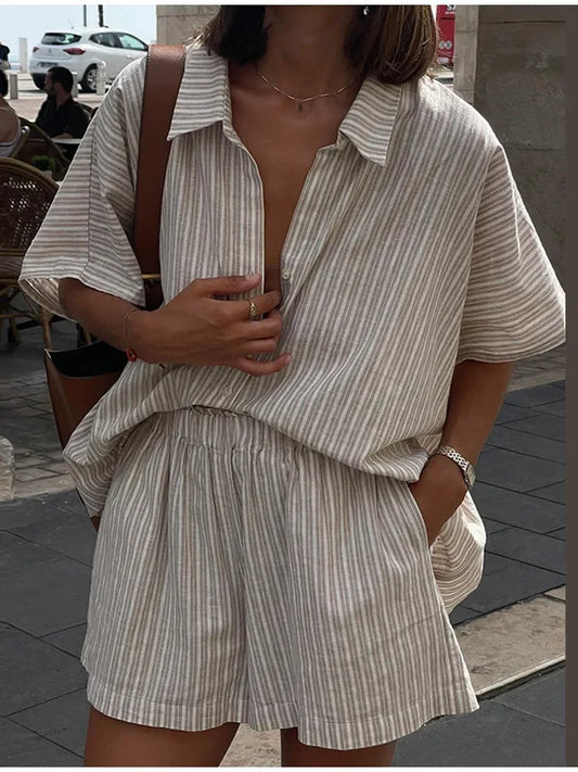 Women's Stripe Print Coordinated Set: Shirt + Lace-Up Shorts