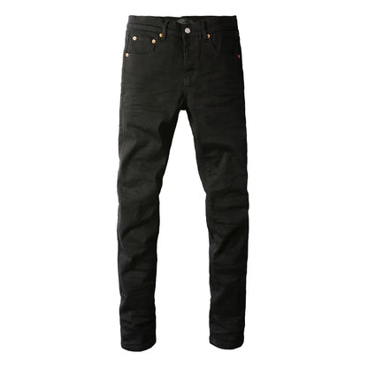 Men's Luxury Distressed Black Streetwear High Stretch Skinny Button Fly Ripped Jean Pants