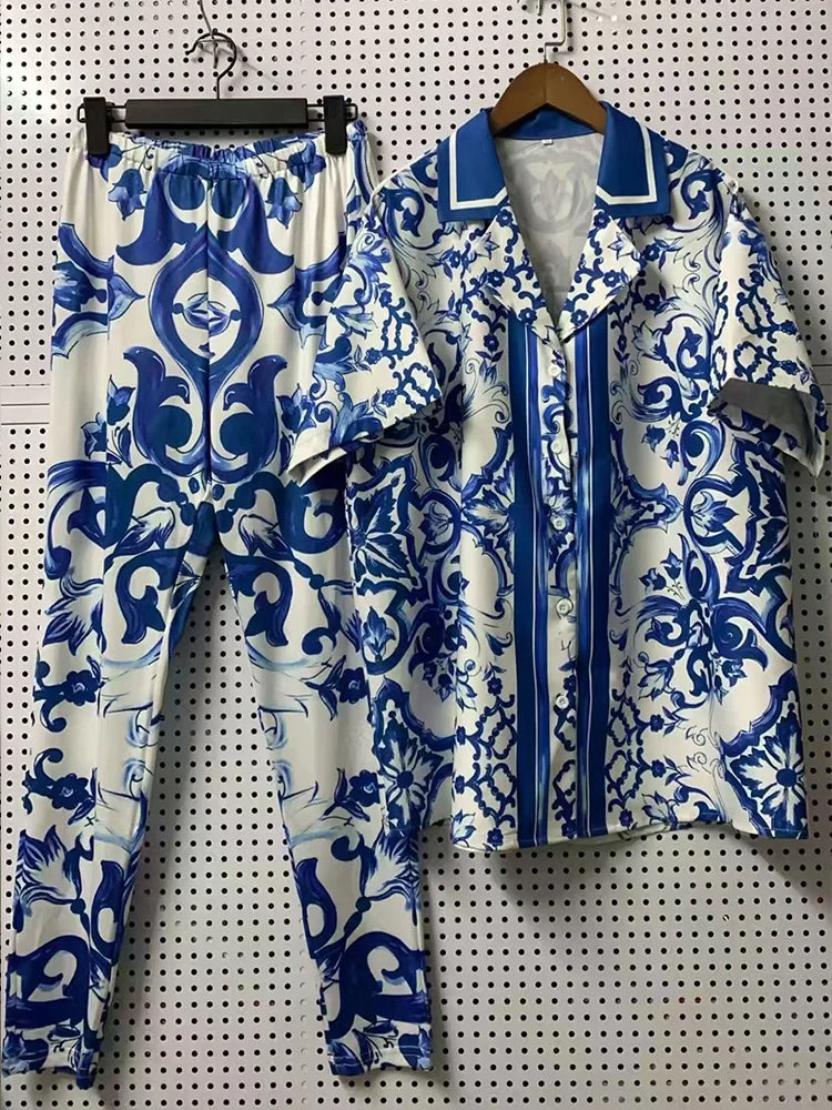 Elegant Retro-printed short-sleeved loose shirt with silk scarf summer new women's Two-Piece Suit