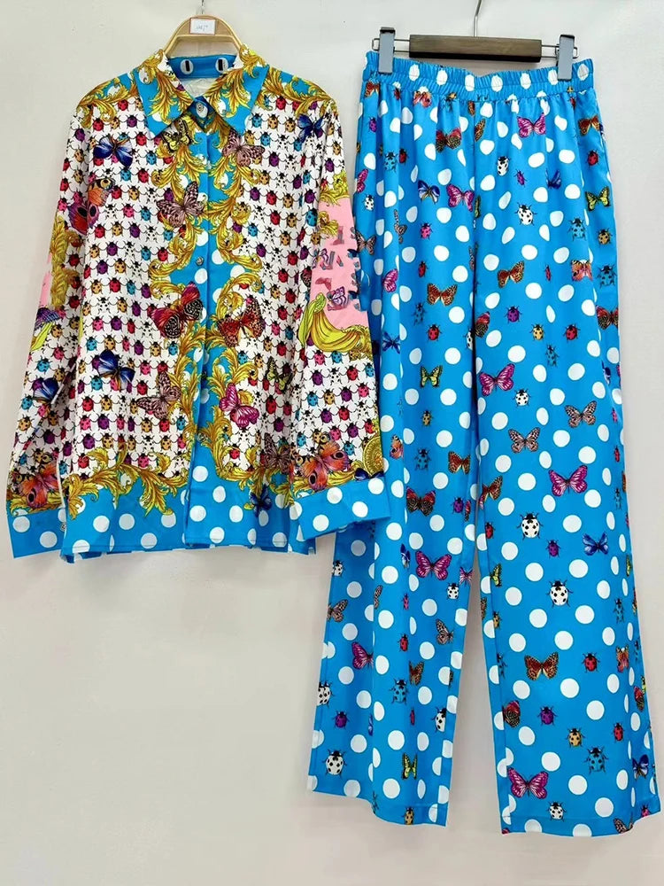 Retro Designer Printed Long-Sleeved Shirt 2025 Autumn Women's Two-Piece Fashion Suit