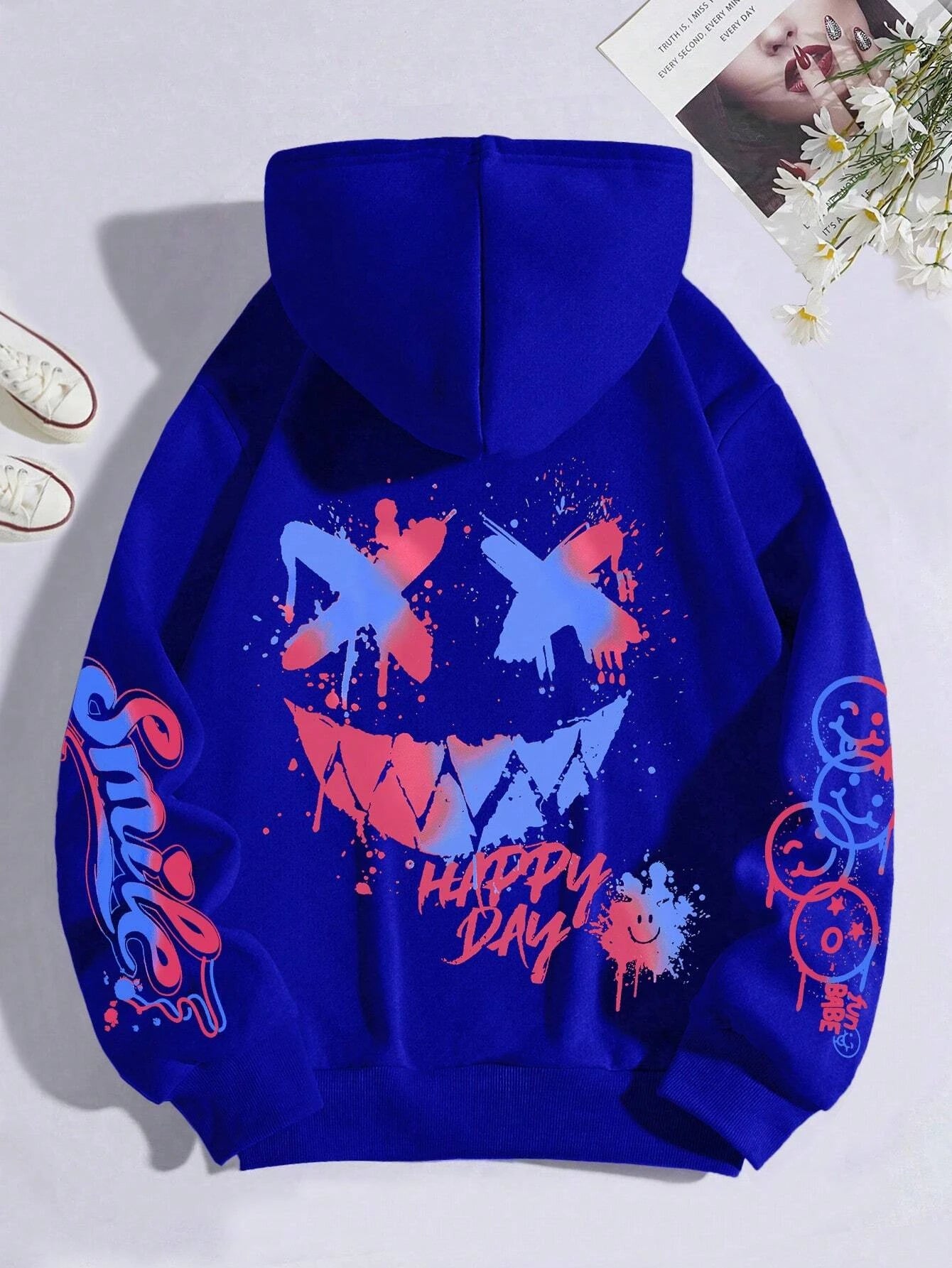 Happy Day Graffiti Print Women Hoodie Oversize Street Hip-Hop Hoody Fashion