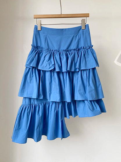 Blue High Waist Irregular Ruffles Knee-Length Skirt Women Fashion New 2025