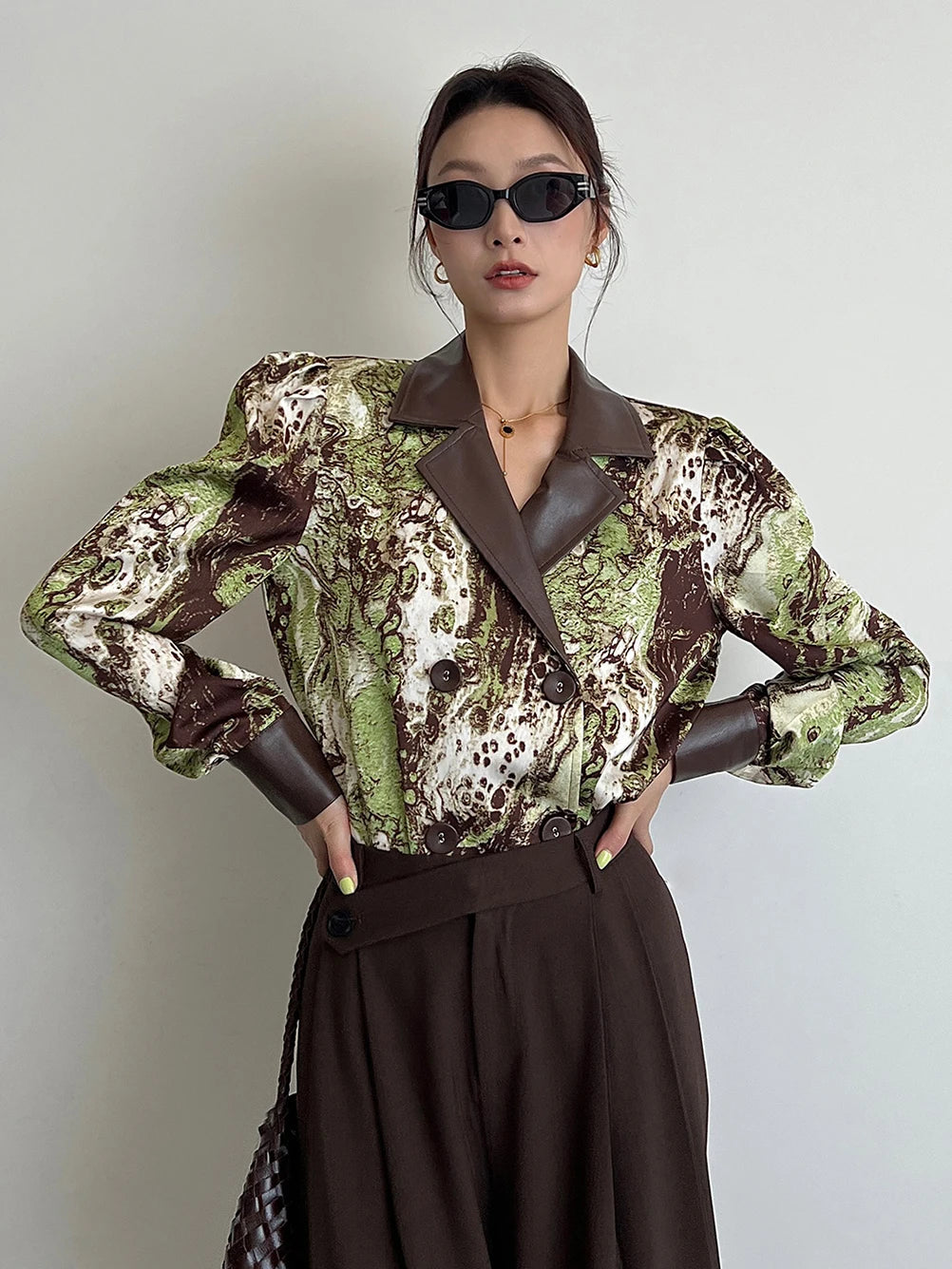 Women's Vintage PU Leather Spliced Blouse Autumn 2025 Fashion