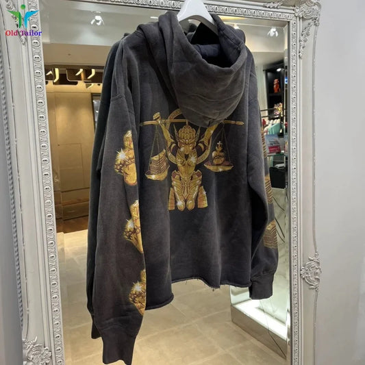 Latest 25SS Saint Classic Print Anime Washed Hoodie Hooded Sweatshirt