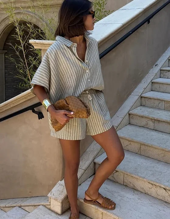 Women's Stripe Print Coordinated Set: Shirt + Lace-Up Shorts