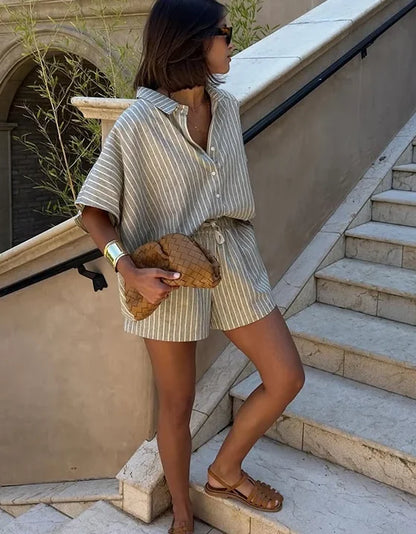 Women's Stripe Print Coordinated Set: Shirt + Lace-Up Shorts
