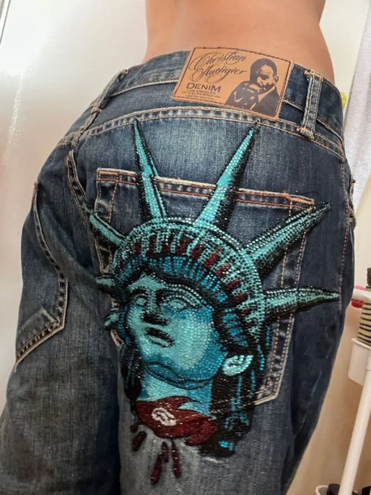 Y2k 2000s Statue of Liberty Diamond Print Harajuku Jeans