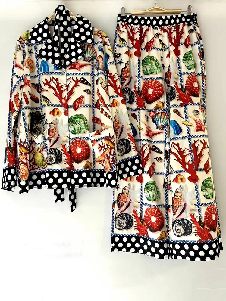 Retro Designer Printed Long-Sleeved Shirt 2025 Autumn Women's Two-Piece Fashion Suit