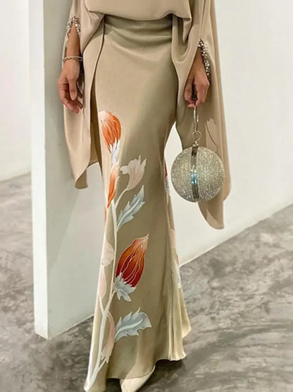 Elegant Skirt Suits 2025 New Women Two Piece Set Solid Color High Neck Tops & Floral Print Skirts