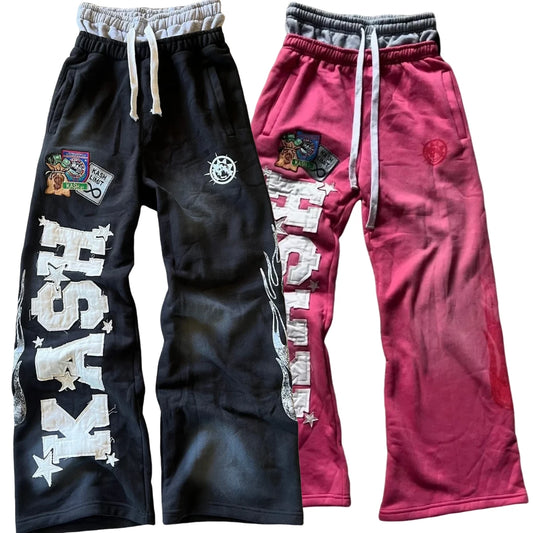 American Letter Patch Retro Double Layer Design Y2K Baggy Sweatpants
