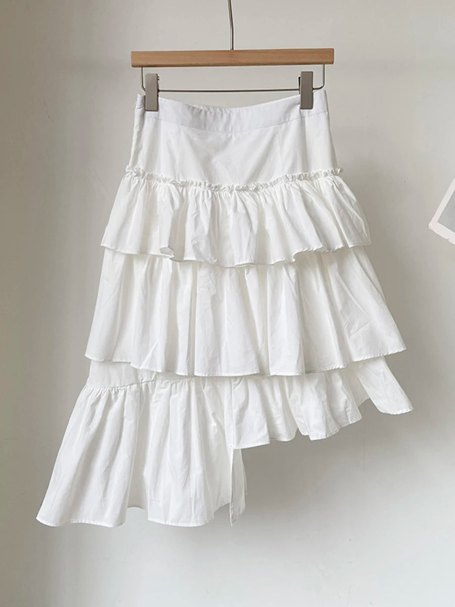 Blue High Waist Irregular Ruffles Knee-Length Skirt Women Fashion New 2025