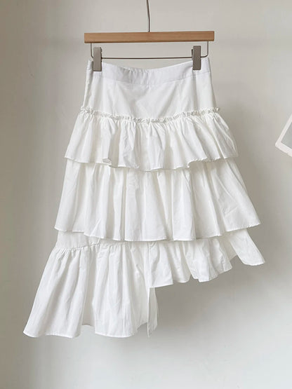 Blue High Waist Irregular Ruffles Knee-Length Skirt Women Fashion New 2025