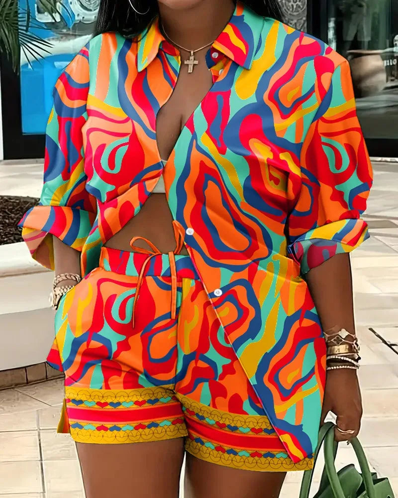 Spring Shirt Two Piece Set For Women Summer Fashion Print Shorts 2 Piece Sets