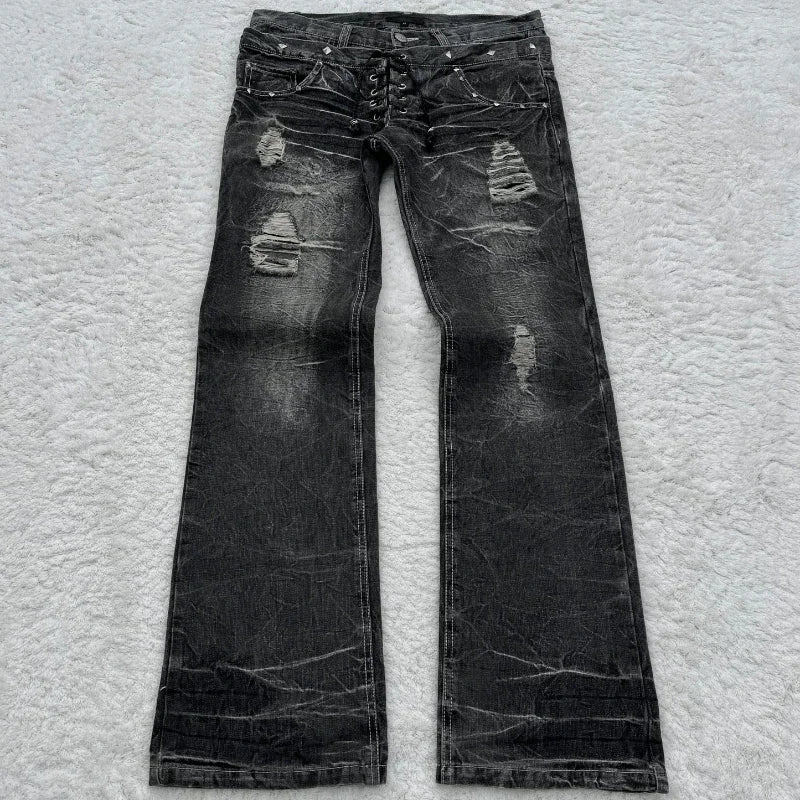 Y2K Washed Jeans Gothic Retro Micro Flared Double Waisted Lace Up Pants Unisex
