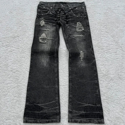 Y2K Washed Jeans Gothic Retro Micro Flared Double Waisted Lace Up Pants Unisex