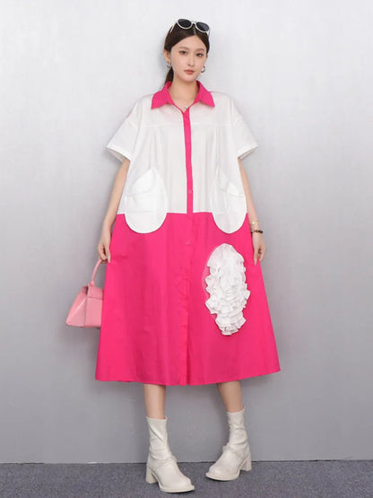 2025 Summer New Turn-down Collar Short Sleeve Single Breasted Dress Women
