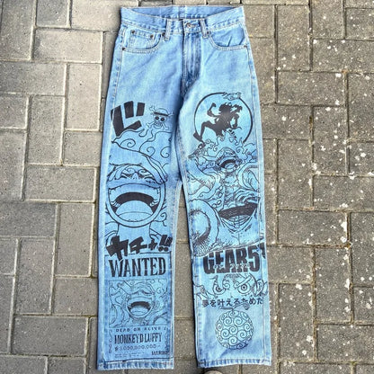 Y2K Anime Baggy Denim Pants Trend Hand Drawn Printed Pattern Unisex Jeans