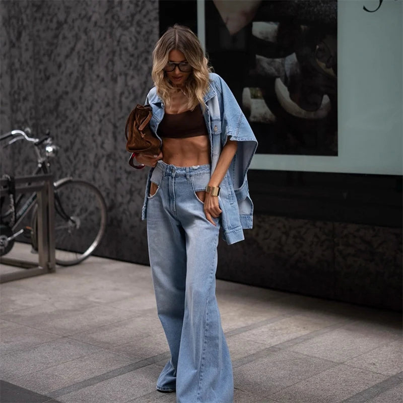 Women's Oversized Denim Two Piece Set Trendy Loose Fit Jacket Matching Wide Leg Jeans Chic Outfits