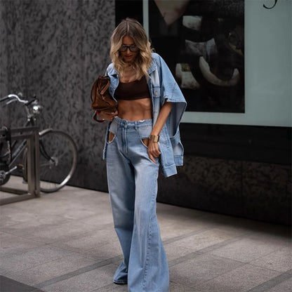 Women's Oversized Denim Two Piece Set Trendy Loose Fit Jacket Matching Wide Leg Jeans Chic Outfits
