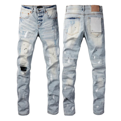 Men's Luxury Distressed Black Streetwear High Stretch Skinny Button Fly Ripped Jean Pants