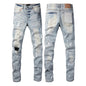 Men's Luxury Distressed Black Streetwear High Stretch Skinny Button Fly Ripped Jean Pants