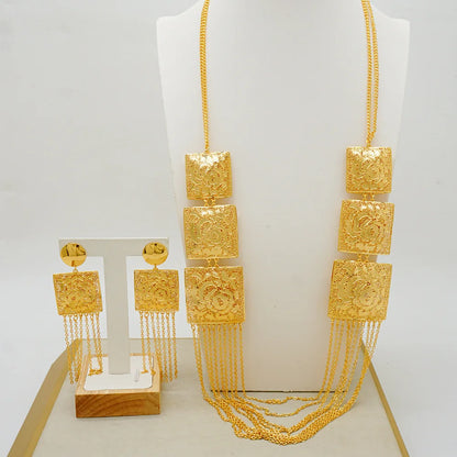 Necklace & Earrings (Tassel Style) for Women, 24K Gold, AU999 Gold-inlaid vine with twisted-leaf tassels, embodying forest grace