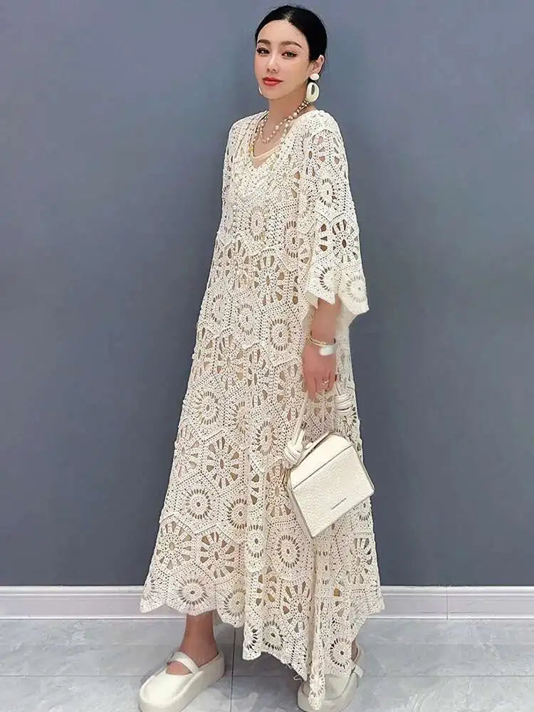 Women's Dress Hooked Flower Hollow Elegant Fashion Loose Beautiful Long Dresses 2025